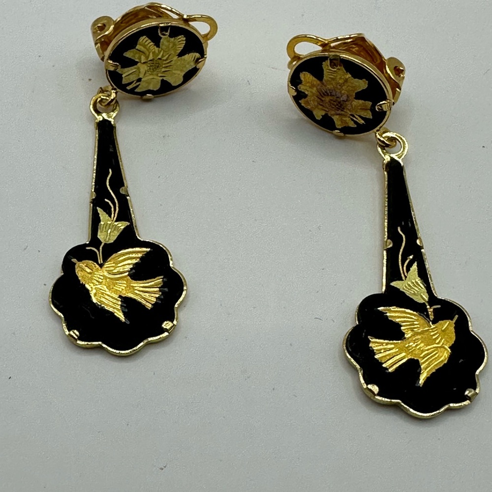 Elegant Damascene Black and Gold Dangle Earrings.  Handmade in Spain